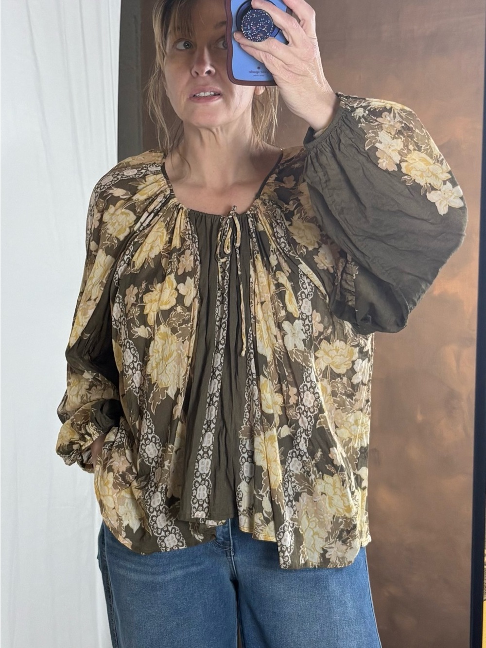 Free People Olive Floral Peasant Blouse